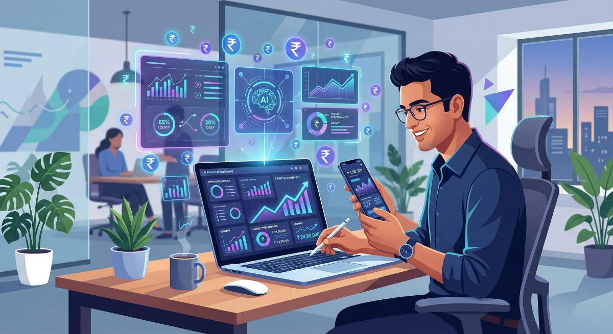 AI-powered financial tools dashboard showing analytics, charts, and rupee symbols on a smartphone and laptop