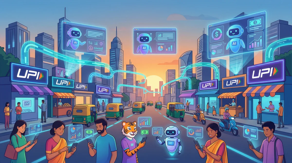 Futuristic Indian cityscape with digital payment streams, UPI integration, and AI chatbot interfaces guiding financial decisions